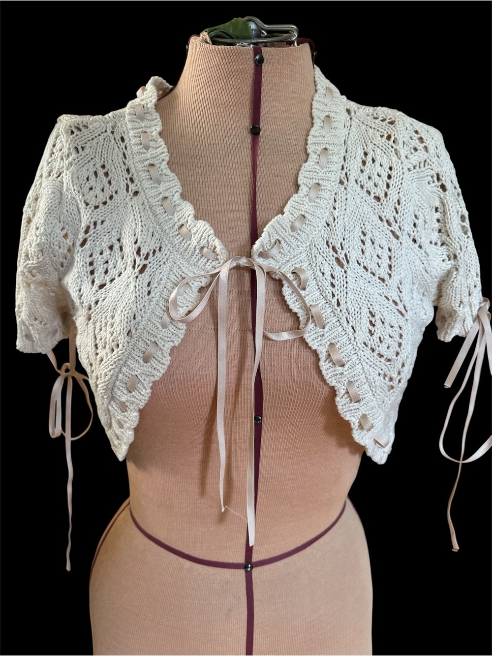 Forever 21 Cream Cropped Knit Bolero with Ribbon Ties